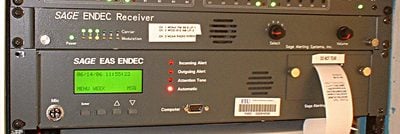 A Sage Alerting Systems EAS ENDEC and matching receiver, used to receive and propagate EAS Emergency Alert System alerts