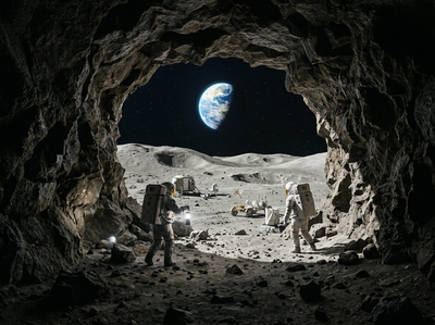 Astronauts looking out of a cave on the moon toward earth