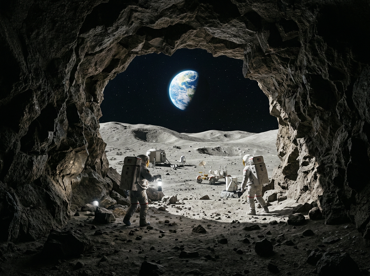 Nasa hunts hidden lunar caves to shelter astronauts at first moon base 1 Astronauts looking out of a cave on the moon toward earth
