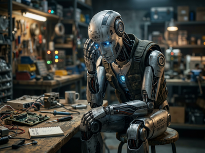 A sad Artificial Intelligence (AI) robot crying