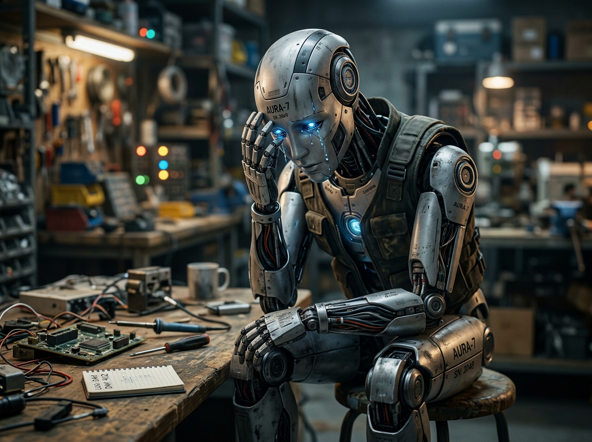 A sad Artificial Intelligence (AI) robot crying