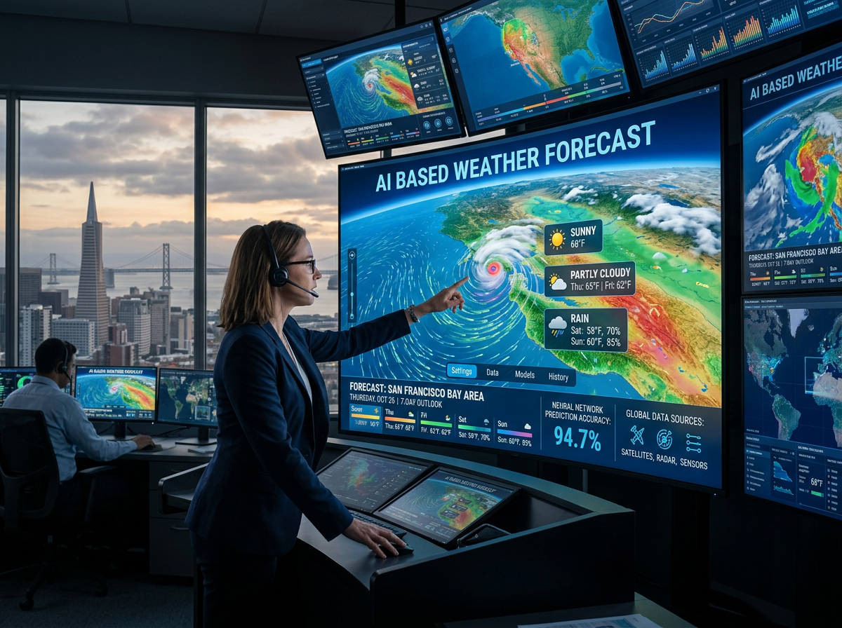 Ai weather forecasts get a major boost where 2–6 weeks gets hard 1 Artificial Intelligence AI weather forecast lady looking at a weather map