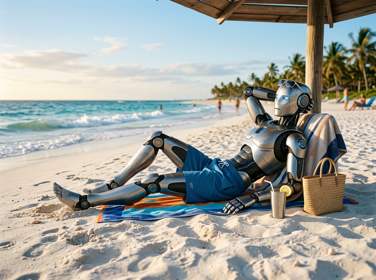 An artificial intelligence AI robot lounging on his vacation on a beach chair