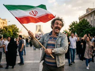 Iranian man waving the flag of Iran