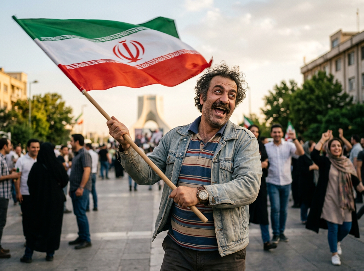 Iranian man waving the flag of Iran