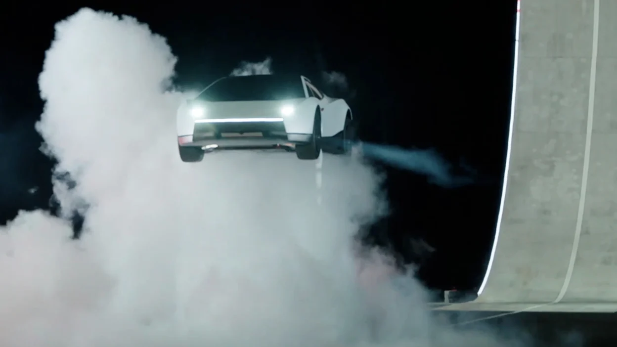 Tesla Roadster car flying with jet rockets